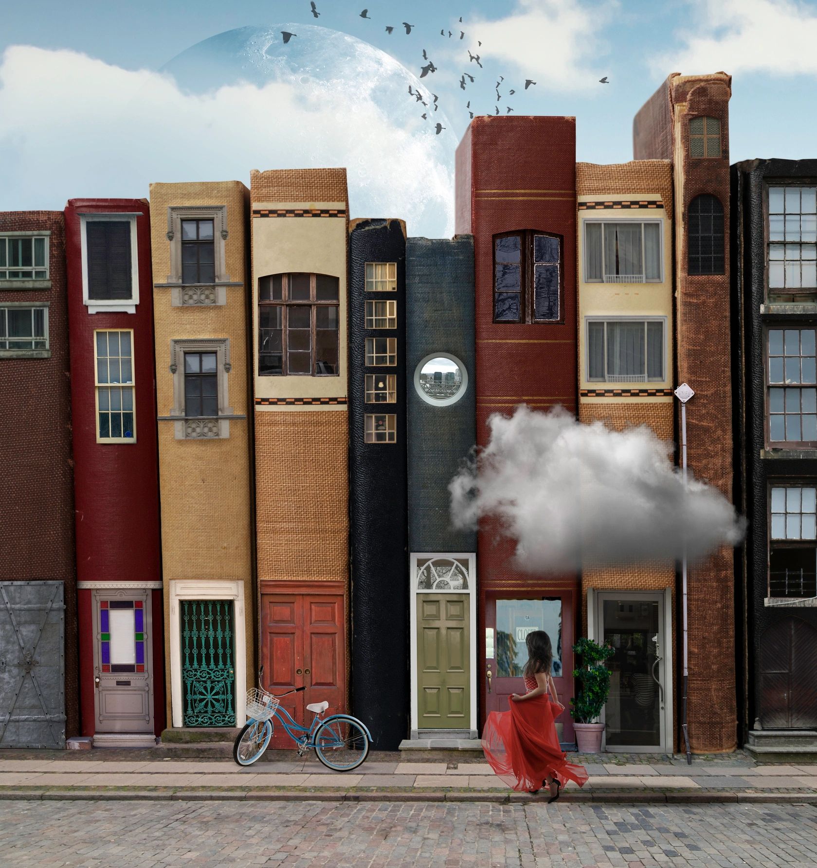 Woman in a book village from GoDaddy