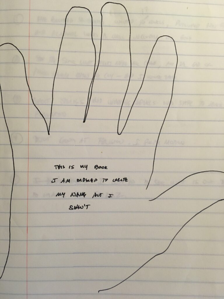 A hand drawn on a blank page. Inside it says, "This is my book. I am ordered to write my name but I shan't"
